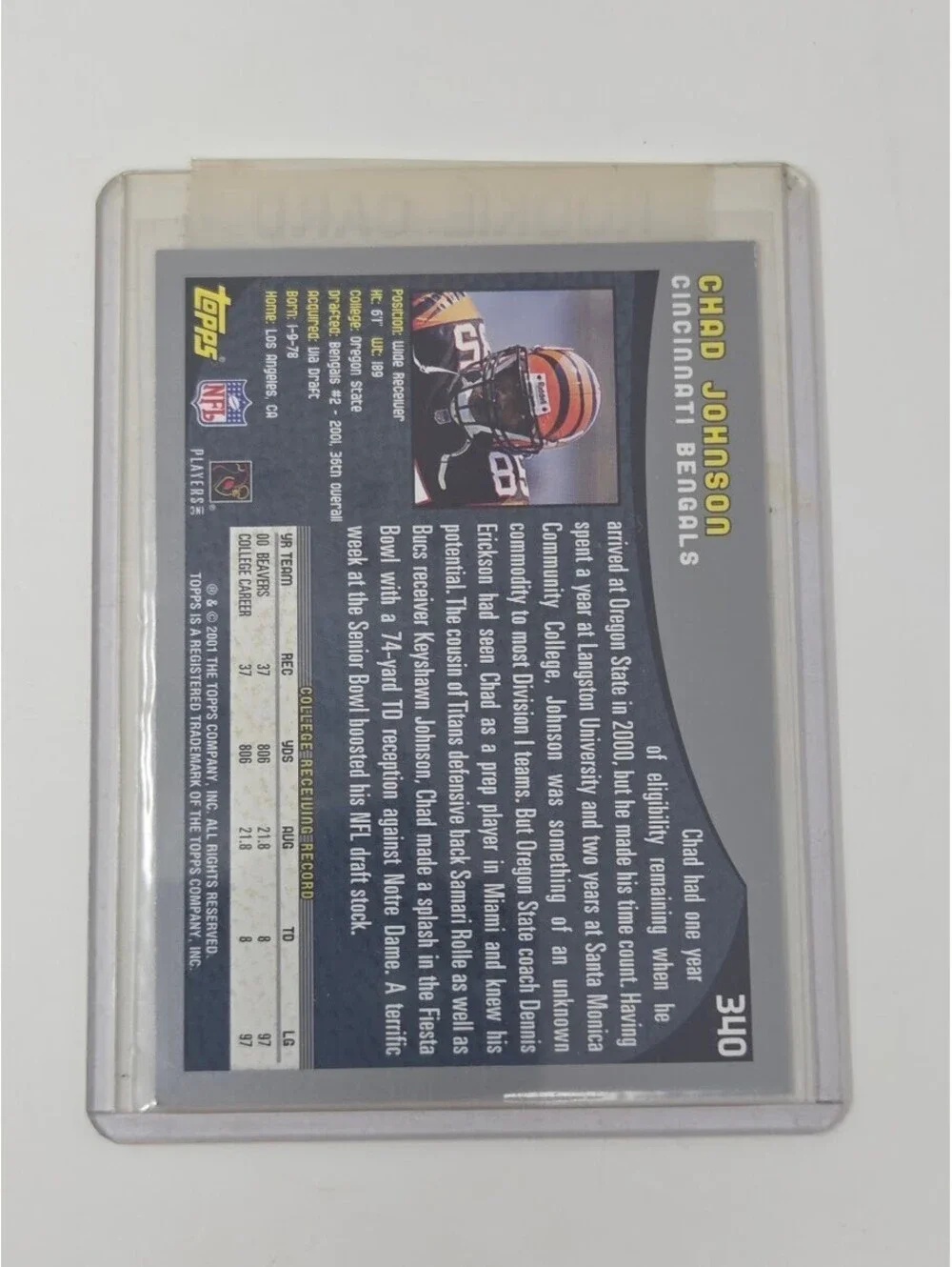 2001 Topps Chad Johnson Rookie Card Cincinnati Bengals WR #340 NFL Player